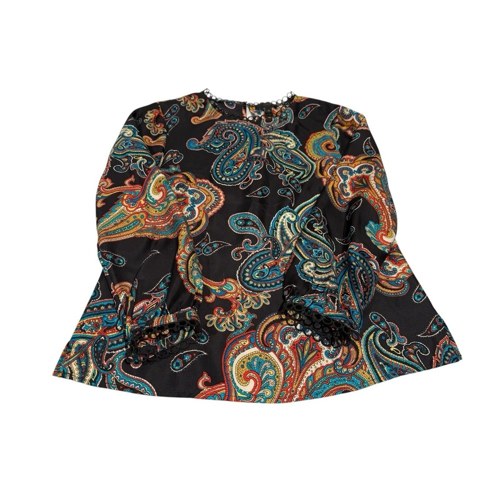 J.Crew 100% Silk Women's Size 4P Twill Top In Bold Paisley Print Black ECU